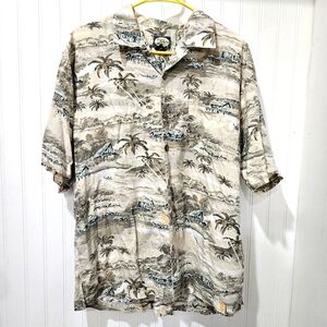 Tommy Bahama Shirt Mens Large Beige Hawaiian Island Palm Tree Print